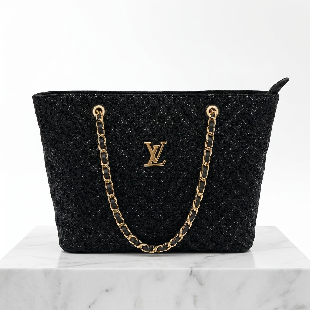 Black Glitter Chain-Handle Tote Bag | Pouchit