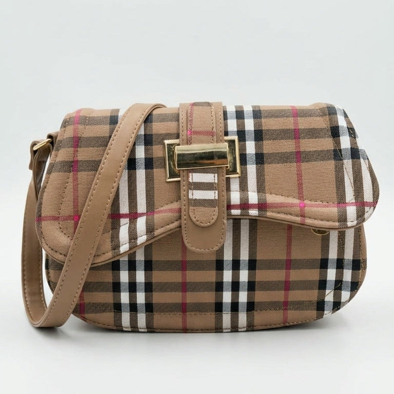 Classic Beige Checkered Crossbody Bag | Pouchit