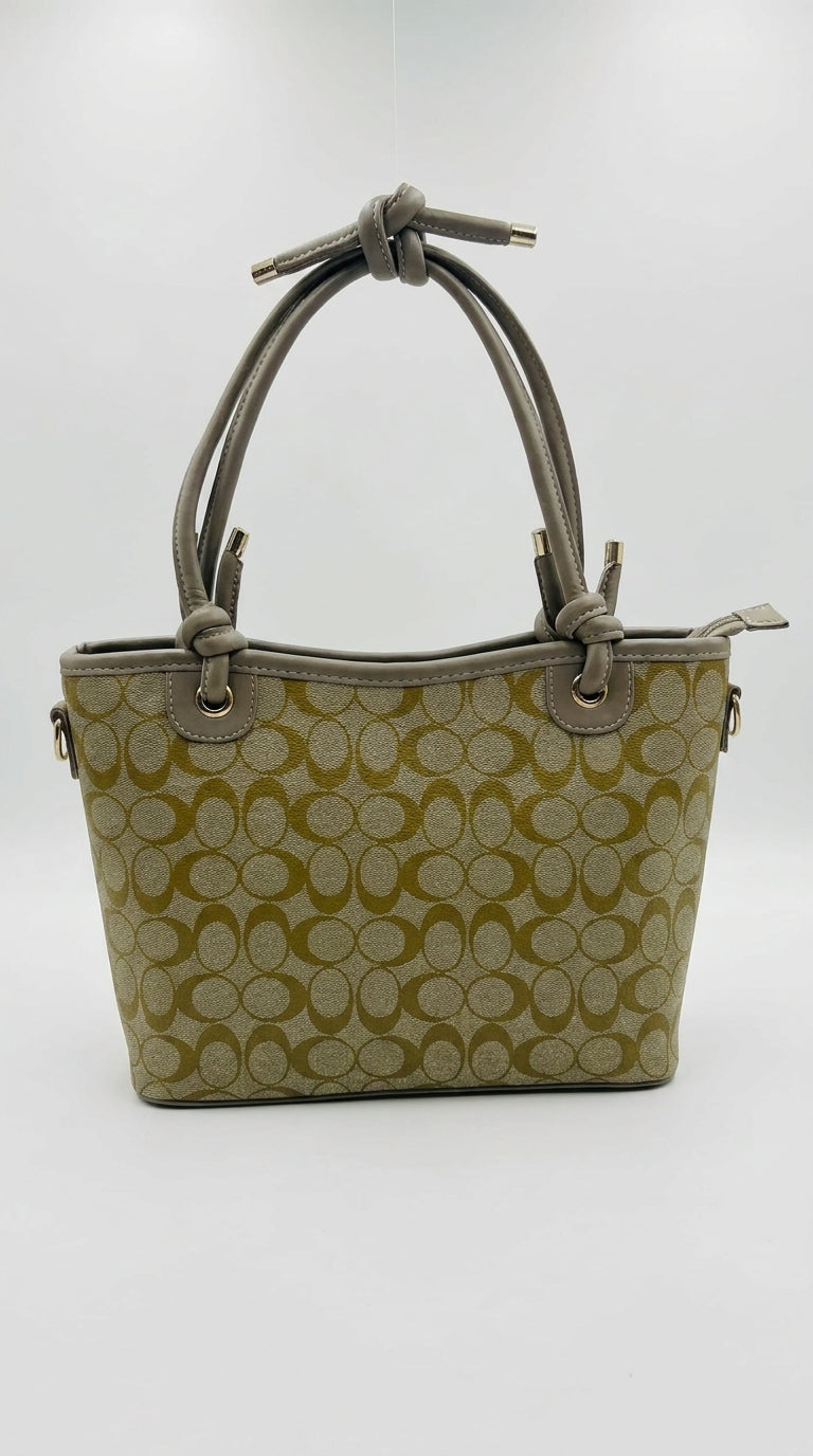 Olive Beige Printed Tote Bag with Knot Handles | Pouchit