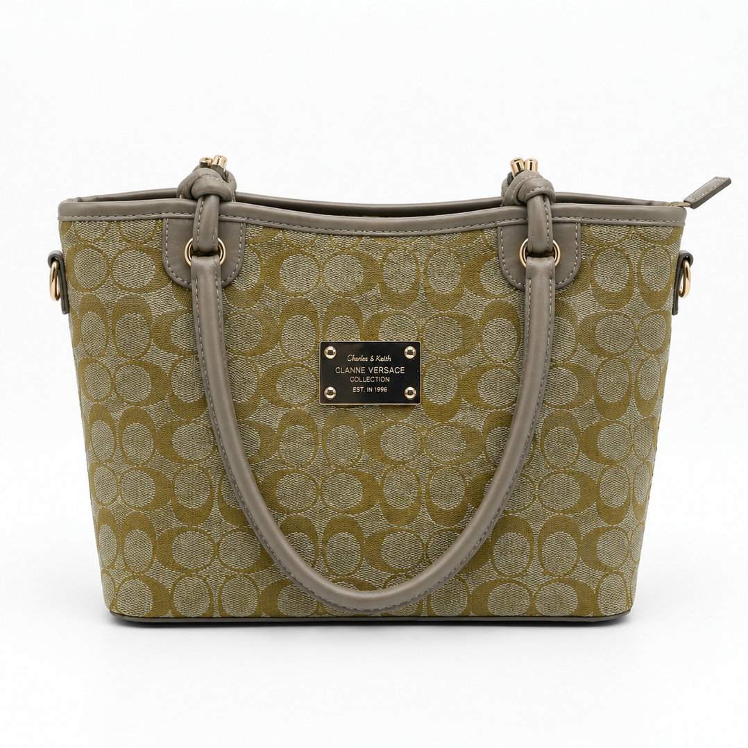 Olive Beige Printed Tote Bag with Knot Handles | Pouchit