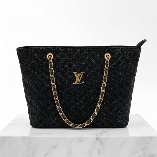 Black Glitter Chain-Handle Tote Bag | Pouchit