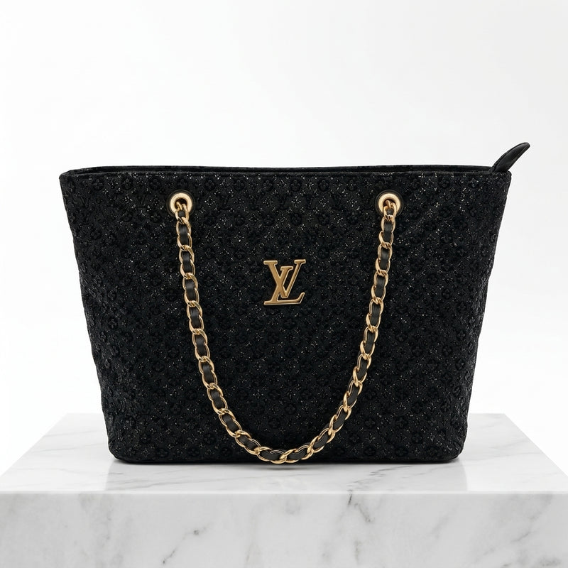 Black Glitter Chain-Handle Tote Bag | Pouchit