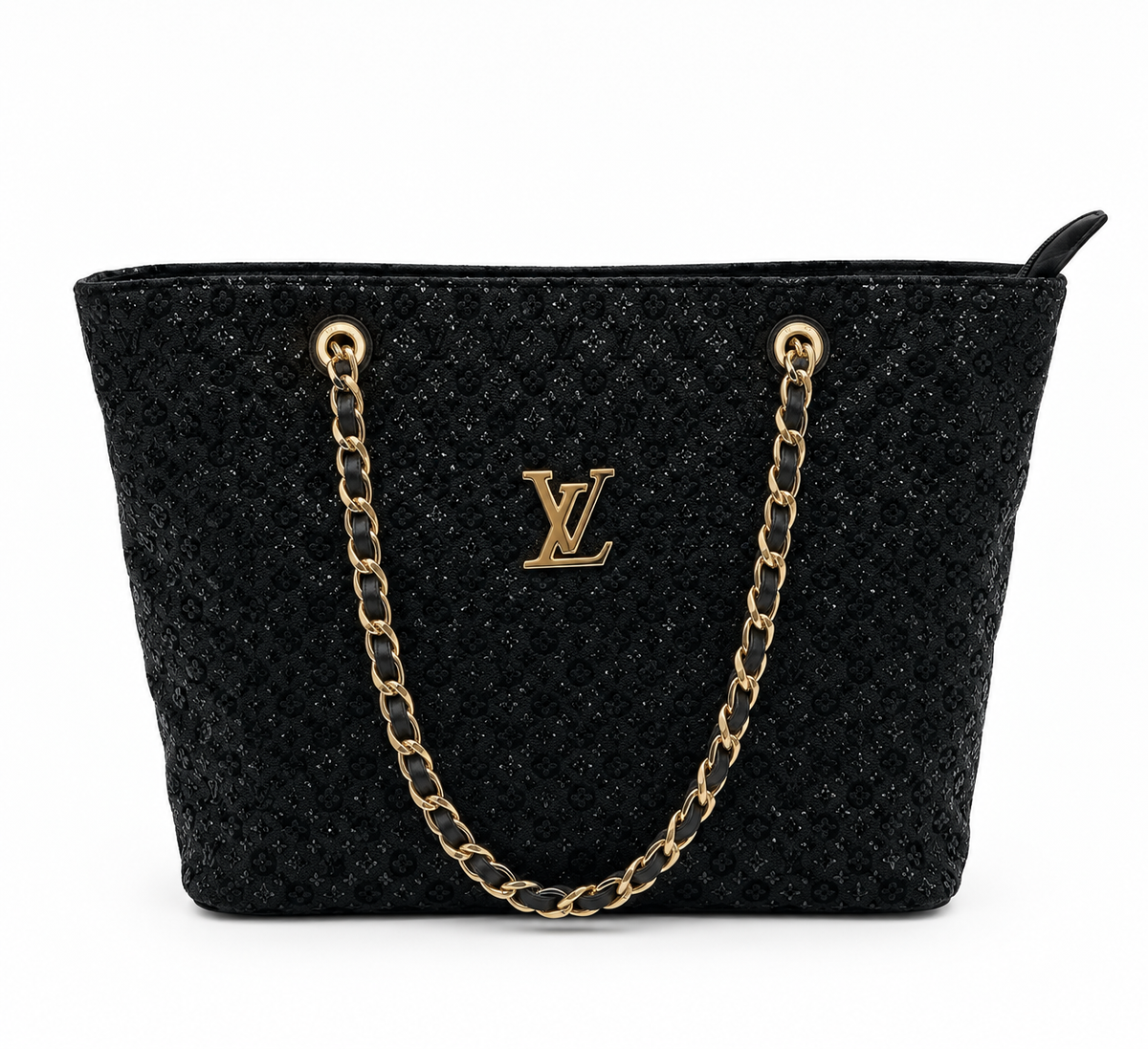 Black Glitter Chain-Handle Tote Bag | Pouchit