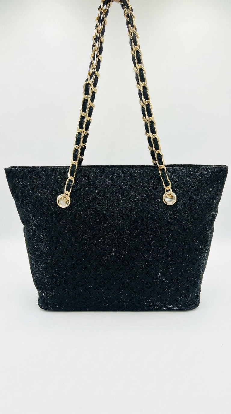 Black Glitter Chain-Handle Tote Bag | Pouchit
