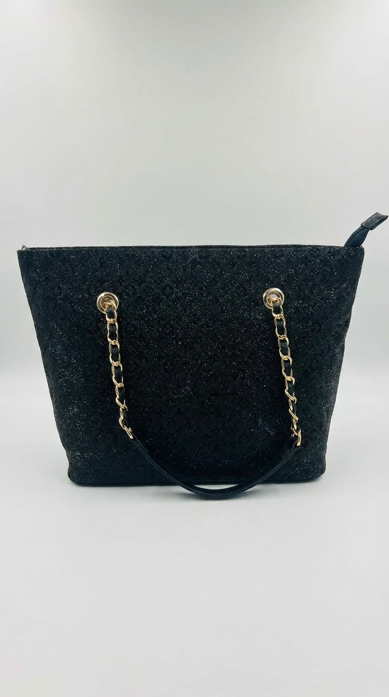 Black Glitter Chain-Handle Tote Bag | Pouchit