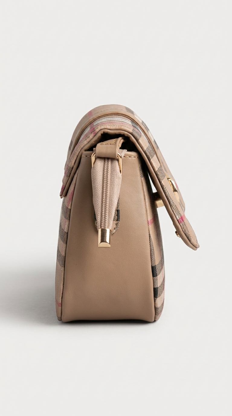 Classic Beige Checkered Crossbody Bag | Pouchit