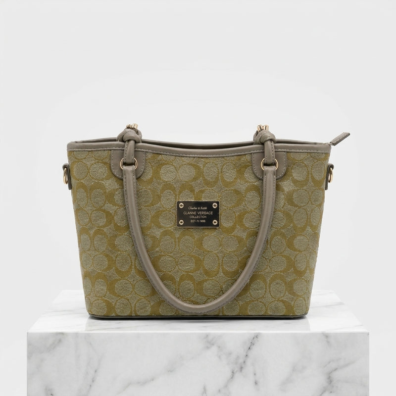 Olive Beige Printed Tote Bag with Knot Handles | Pouchit