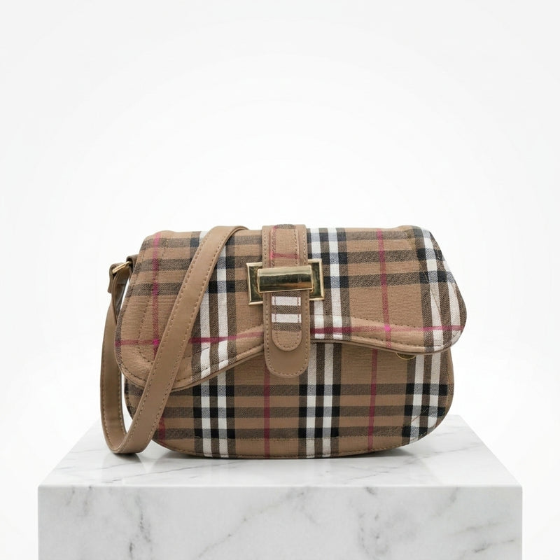 Classic Beige Checkered Crossbody Bag | Pouchit