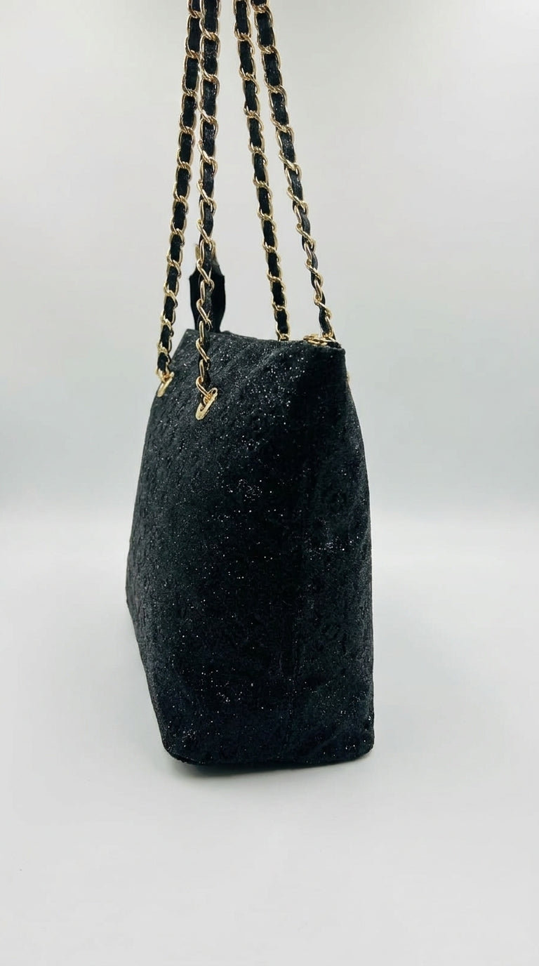 Black Glitter Chain-Handle Tote Bag | Pouchit